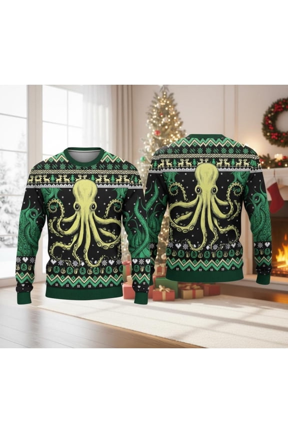 Octopus Ugly Christmas Sweater – Funny Sea Creature Holiday Pullover, Retro Nautical Ocean Xmas Sweater for Men Women, Unique Gift Idea