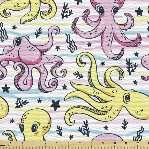 Ambesonne Octopus Fabric by the Yard Upholstery, Cartoon Underwater Animals, 10 Yards, Pink Yellow Pale Blue