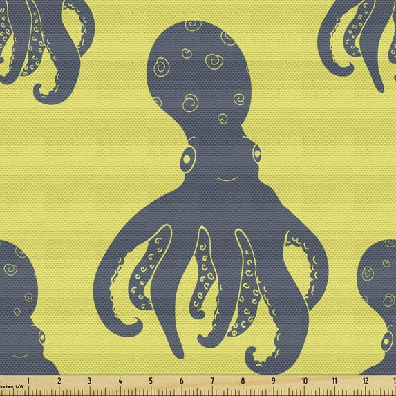 Ambesonne Octopus Fabric by the Yard Upholstery, Abstract Characters, 2 Yards, Pale Yellow Cadet Blue