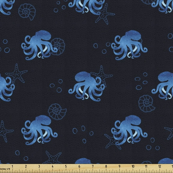 Ambesonne Octopus Fabric by the Yard Upholstery, Ocean Inhabitants, 3 Yards, Blue Dark Blue