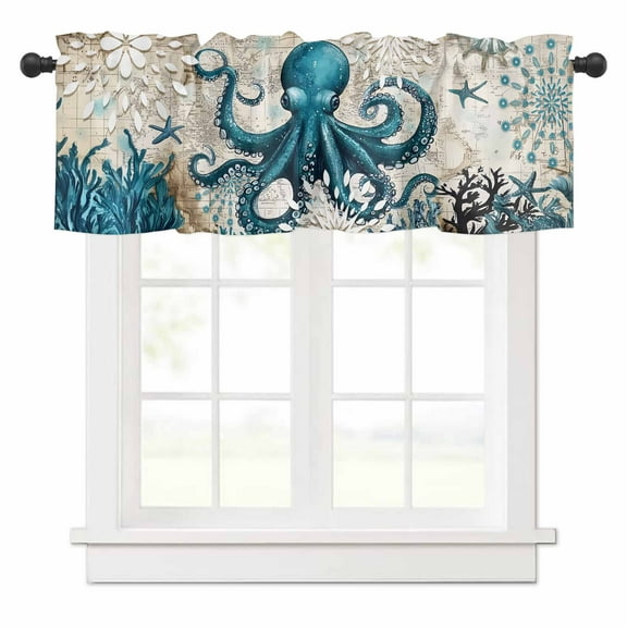 Octopus Valances for Windows Nautical Navy Blue Kraken Coral Vintage Coastal Map Rod Pocket Curtain Valance Window Treatment Short Curtains for Kitchen Living Room, 54"x18"