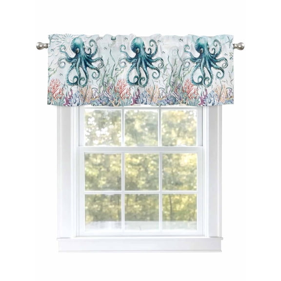 Octopus Valances for Windows, Rod Pocket Kitchen Valance Curtains - Soft & Washable Small Window Treatment for Living Room,&nbsp;Bathroom, Ocean Fish Coral Seagrass , 42x12 Inch, 1 Panel
