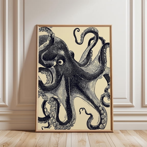 Octopus Vintage Ink Illustration Navy and Cream Sea Animal Wall Art, Unframed Paper Poster 8x10in