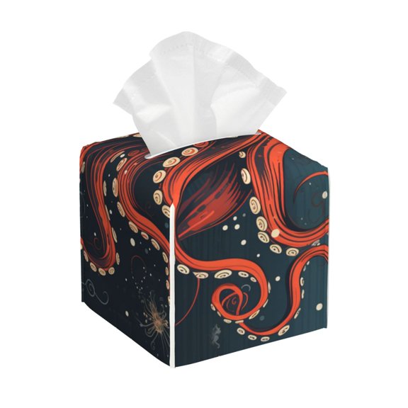 Octopus Vintage Kraken Monster Starry Square Faux Leather Tissue Box Cover, PVC Paper Holder with Hook and Loop Closure