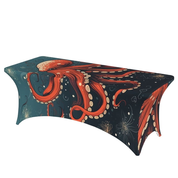 Octopus Vintage Kraken Monster Starry Stretch Rectangular Table Cover 6FT Elastic Fitted Tablecloth for Parties, Weddings, Banquets