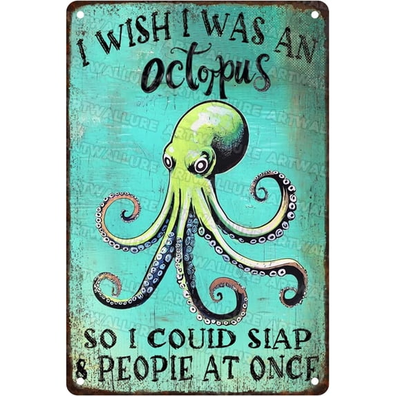 Octopus Vintage Metal Beach Wall Art Sign for Bedroom Pool Outdoor 8x12 Inch