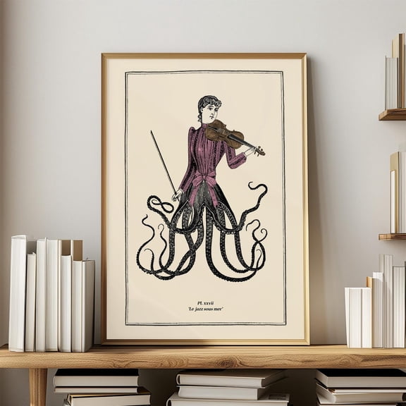 Octopus Violinist Wall Art Print, Vintage Surreal Gothic Steampunk Music Decor Unframed Paper Print