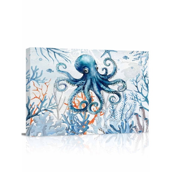 Octopus Wall Art for Living Room,Canvas Picture Wall Decor for Bathroom Bedroom,Blue Coastal Starfish Ocean Coral Nautical Painting Artwork for Office Kitchen Hallway Dining Room Home Decor 12"x16"