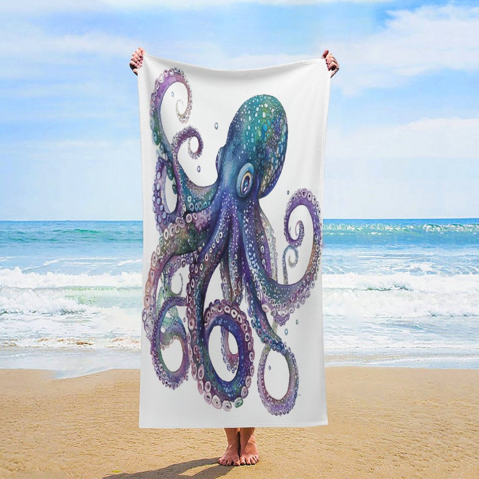 Octopus Watercolour Style Blue Or Pink Nautical Coastal Beach Towel 30x60 inch Nautical Coastal Octopus Microfiber Beach Towels for Travel Microfiber Sand Free Microfiber Absorbent Quick Dry