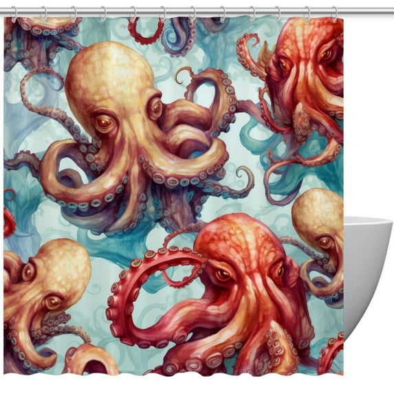 Octopus Waterproof Bathroom Curtain Set with Hooks - Printed Bathroom Curtains for Home Decoration