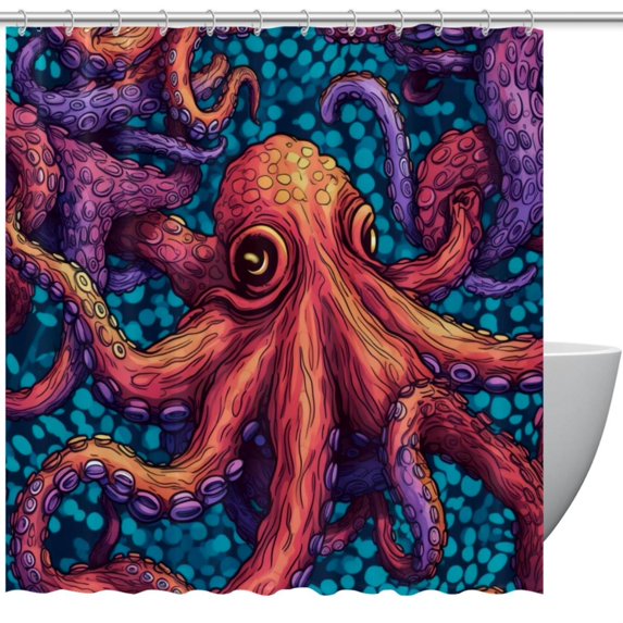 Octopus Waterproof Printed Bathroom Curtain Set with Hooks - Shower Curtain Sets for Bathroom Decoration