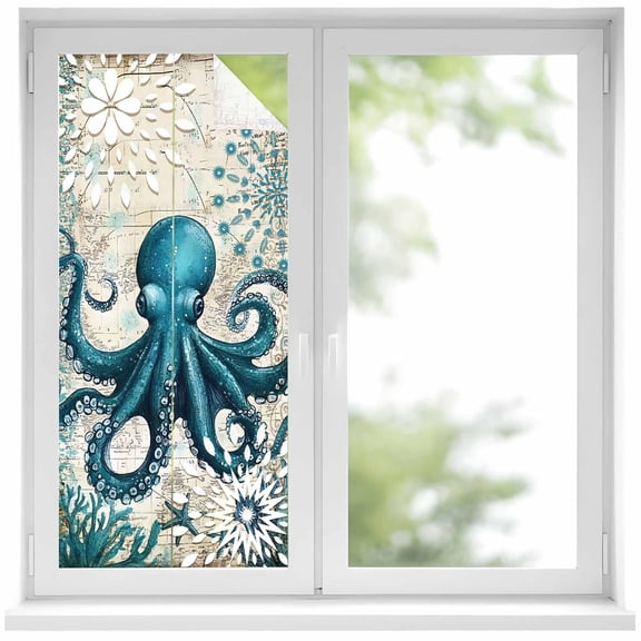 Octopus Window Privacy Film 19.6x39.3in Nautical Navy Blue Kraken Coral Vintage Coastal Map Decorative Window Film with Static Cling, UV Filtering Window Cling Privacy Film for Glass Doors