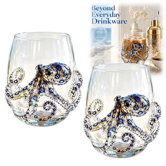Octopus Wine Glass – 3D Ocean Animal Artisan Stemless Glassware, Blue Ringed Octopus Design, Coastal Home Decor Bar Gift(2PC)