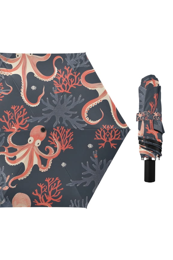 Octopus and Coral in Sea Compact Sun Umbrella Windproof Travel Umbrellas for Rain Strong Portable UV Protection