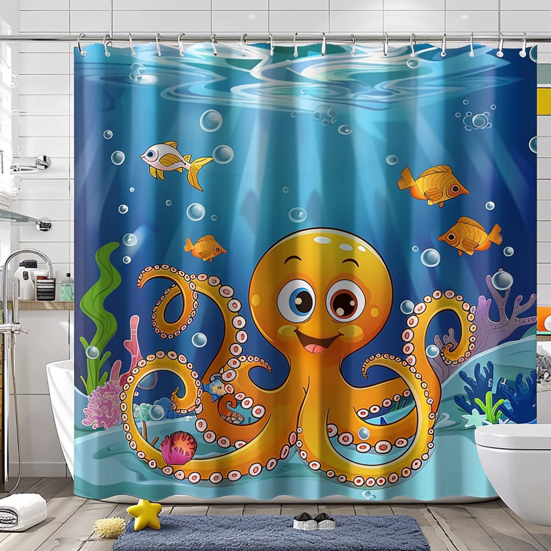 Octopus and Fish Kids Shower Curtain Set Cartoon Sea Theme Bathroom