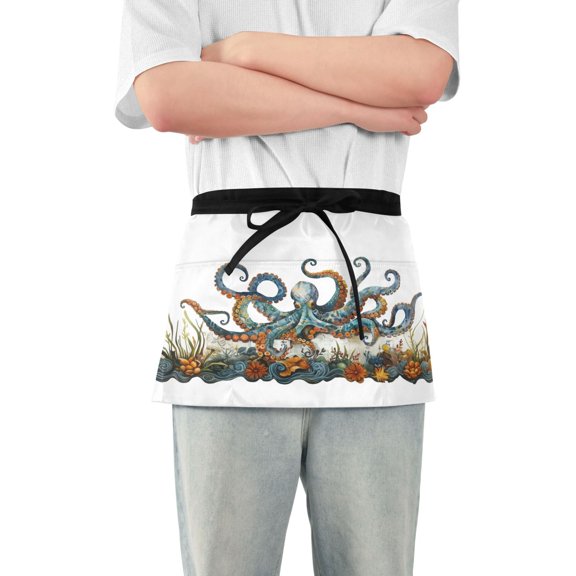 Octopus and Plant Server Apron with 3 Pockets Waterproof Waitress Waist Short Apron for Man Woman 12 Inches