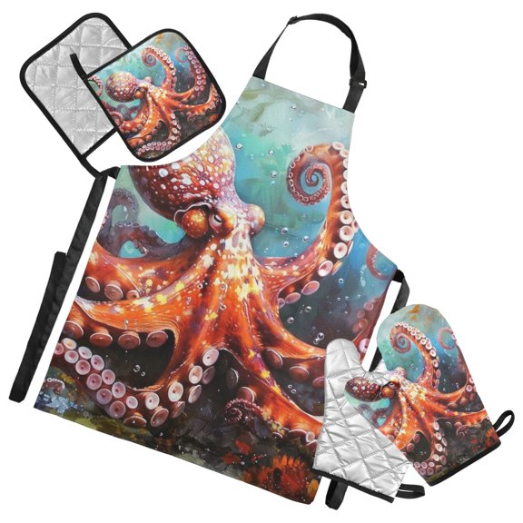 Octopus in Bottom Sea 5 Pcs Kitchen Set Heat Resistant Oven Mitts and Non-Slip Pot Holders with Adjustable Cooking Apron