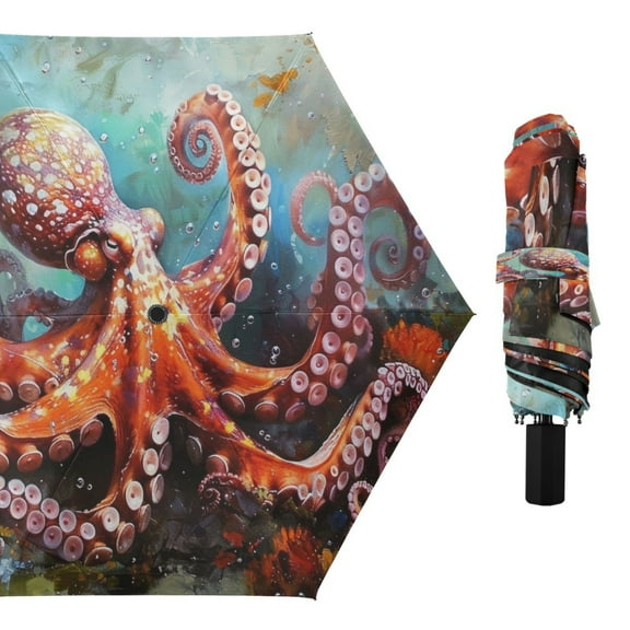 Octopus in Bottom Sea Compact Sun Umbrella Windproof Travel Umbrellas for Rain Strong Portable UV Protection