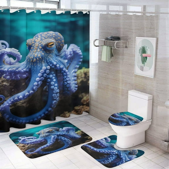 Octopus in The Mysterious Ocean 4Pcs Shower Curtain Set Shower Curtain Set with Carpet Bath Mat