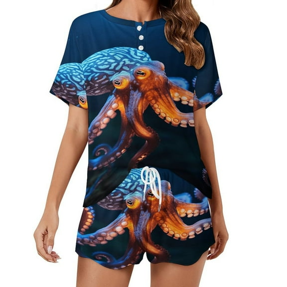 Octopus in The Mysterious Ocean Pajama Set for Women 2 Piece Sleepwear Loungewear Short Sleeve