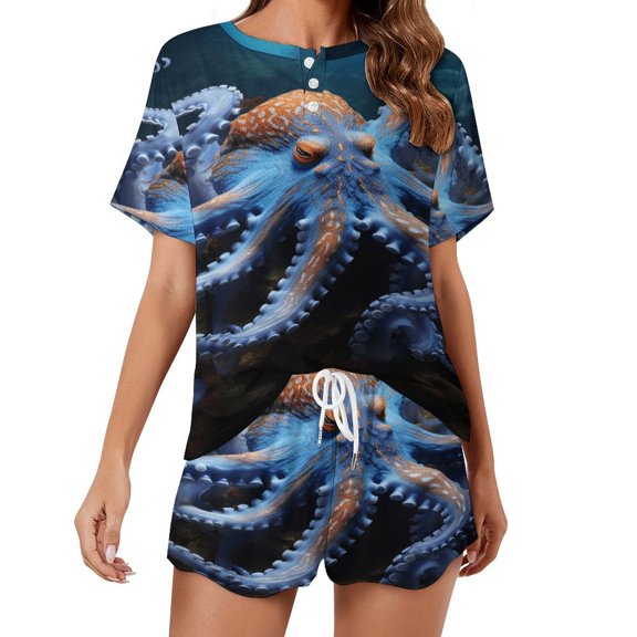 Octopus in The Mysterious Ocean Pajamas Set Womens Loungewear Sleepwear 2 Piece PJ Sets