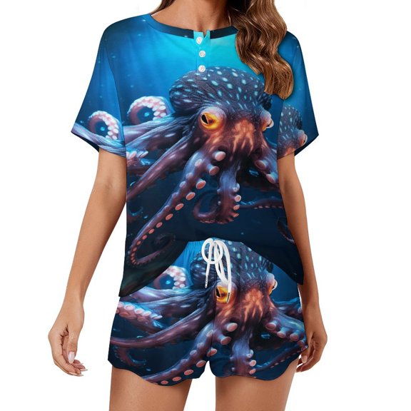 Octopus in The Mysterious Ocean Print Women'S Pajamas Set Summer Sleepwear Sets 2 Piece Lounge Set