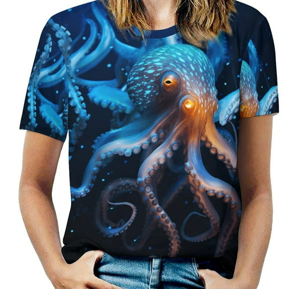 Octopus in The Mysterious Ocean Women's Short Sleeve T-Shirt Crew Neck Casual Summer Trendy Loose Fit Tops