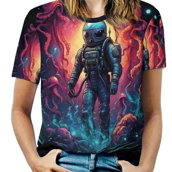 Octopus in The Mysterious Ocean Womens Tops Women's Fashion Casual Short Sleeve Flower Print Round Neck Pullover Top Blouse