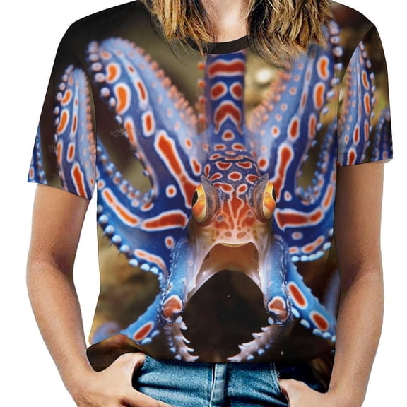 Octopus in The Mysterious Ocean Womens Tops Women's Fashion Casual Short Sleeve Flower Print Round Neck Pullover Top Blouse