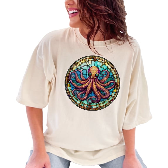 Octopus stained glass design shirt, unique ocean themed t-shirt, vibrant marine life art apparel, colorful sea animal graphic tee, Ivory Comfort Colors T-Shirt, Medium