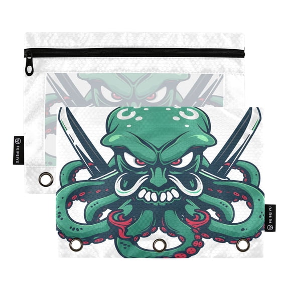 Octopus with Knife 2 Pack Pencil Pouch for 3 Ring Binder Smooth Zipper Folders with Pockets Clear Window Pencil Case