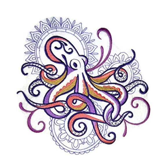 Octopus with Mehndi Echo Embroidered Iron On/Sew patch [7.75" x 7.82"]