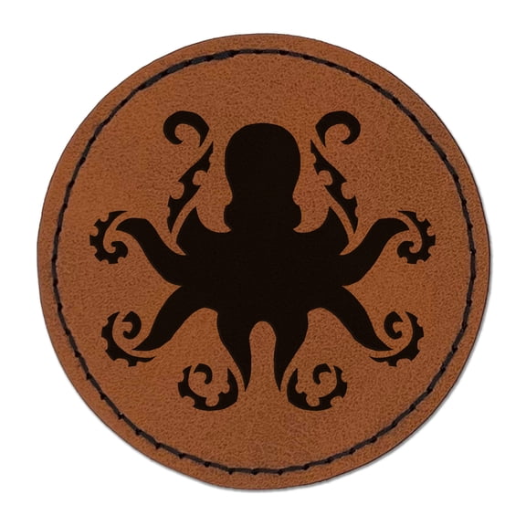 Octopus with Twisting Tentacle Arms 2.5" Faux Leather Round Engraved Iron-On Patch - Brown