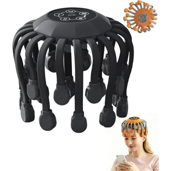Octorelax Head Massager, 3 Speed Adjustment, 5 Modes & 20 Massage Heads, Wireless Hands-Free Temple Massage Tool & 360° All-Round Massage, Ergonomic Electric Head Massager Scalp Stress Relax (Black)