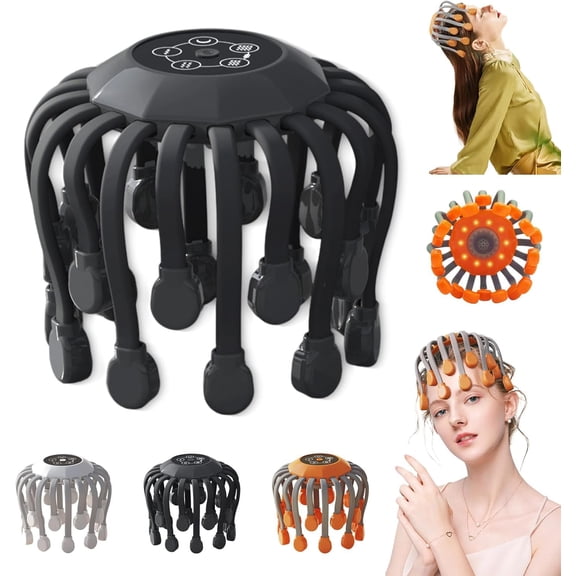Octorelax Head Massager, 360° All-Round Massage, 5 Modes & 3 Levels, 20 Independent Massage Heads, Smart Timing for Home or Office Use (Black)