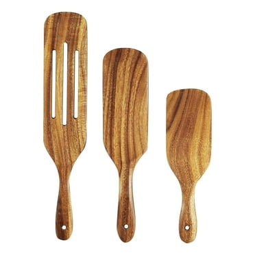 Octtong Tableware 3Pcs Kitchen Wooden Spurtle Set Wood Kitchen Cooking Utensils Set include Wooden Spatula Slotted Spatula Small Shovel (Brown )