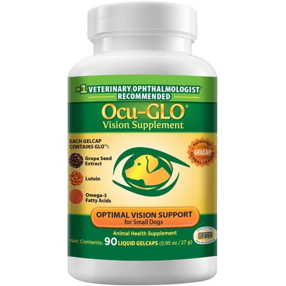 Ocu-GLO Vision Supplement for Small Dogs by Animal Necessity with Lutein, Omega-3 Fatty Acids, Grape Seed Extract and Antioxidants to Promote Eye Health in Dogs, 90ct Liquid Gelcaps