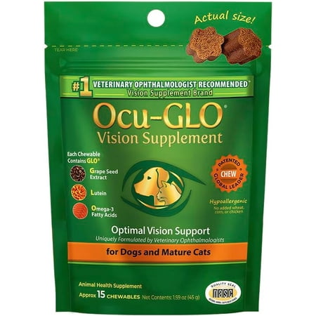 Ocu-GLO Vision Supplement for Dogs & Mature Cats by Animal Necessity with Lutein, Omega-3 Fatty Acids, Grape Seed Extract and Antioxidants to Promote Eye Health in Dogs & Cats, 15 Soft Chews