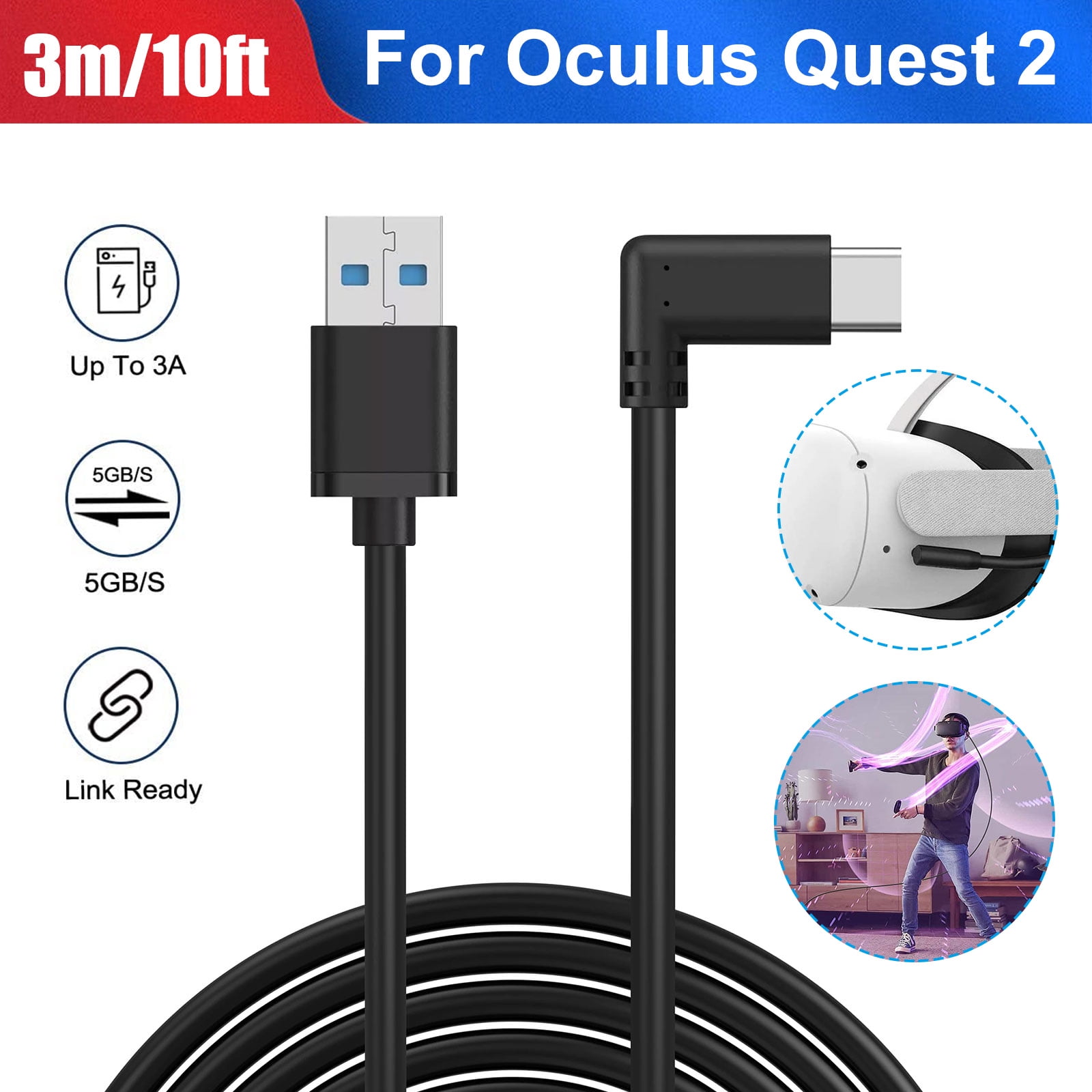 Oculus Link Cable, TSV 10ft/3M Link Cable Fit for Oculus Quest 2, USB 3.2 Gen 1 Type C to A 90 Degree Angled, 5Gbps High-Speed Data Transfer Fast