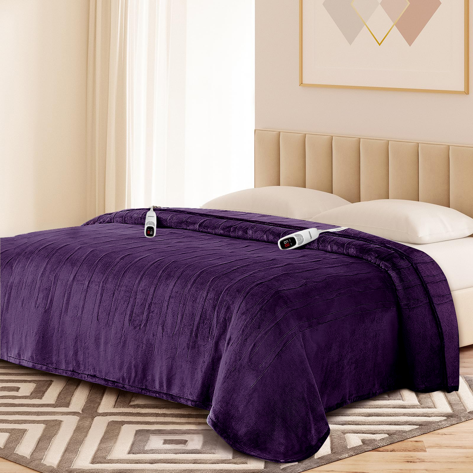 Ocuuziisu Electric Blanket 90" x 100" King Size Heated Blanket, Flannel and Sherpa, 10 Hour Auto-off, 9 Heat Settings, Fast Heating, Machine Washable, Purple