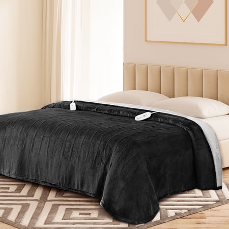 Electric Blanket 90" x 100" King Size Heated Blanket, Flannel and Sherpa, 10 Hour Auto-off, 9 Heat Settings, Fast Heating, Machine Washable, Black
