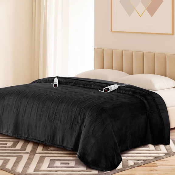 Ocuuziisu Electric Blanket 90" x 100" King Size Heated Blanket, Flannel and Sherpa, 10 Hour Auto-off, 9 Heat Settings, Fast Heating, Machine Washable, Black