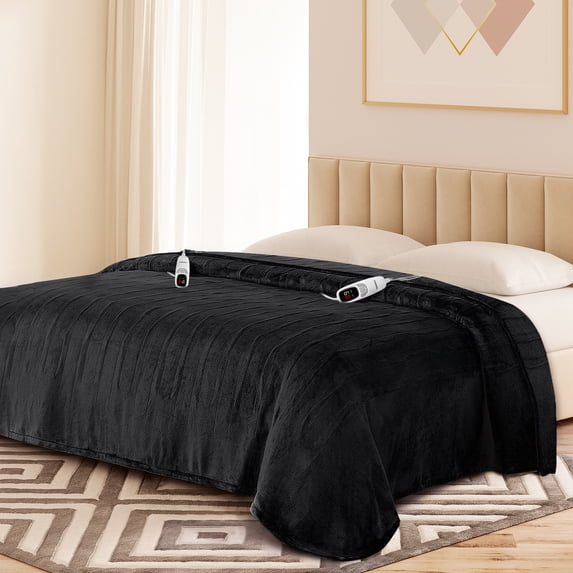 Ocuuziisu Electric Blanket 90" x 100" King Size Heated Blanket, Flannel and Sherpa, 10 Hour Auto-off, 9 Heat Settings, Fast Heating, Machine Washable, Black