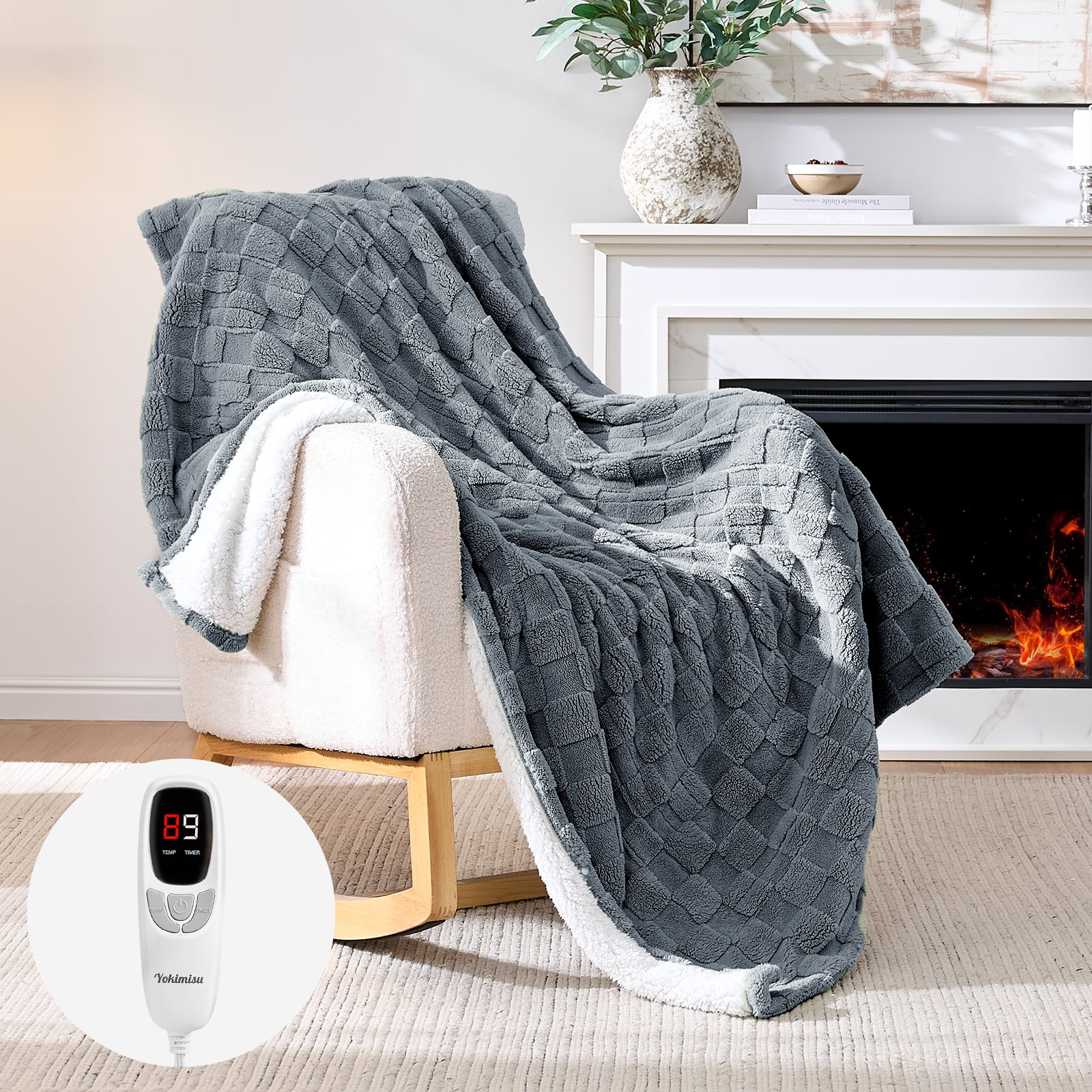 Ocuuziisu 50" × 60" Heated Throw Blanket — 9 Heat Levels, 1–10H Timer, Fast Even Warming Electric Blanket Throw, Machine Washable — Green & Gray