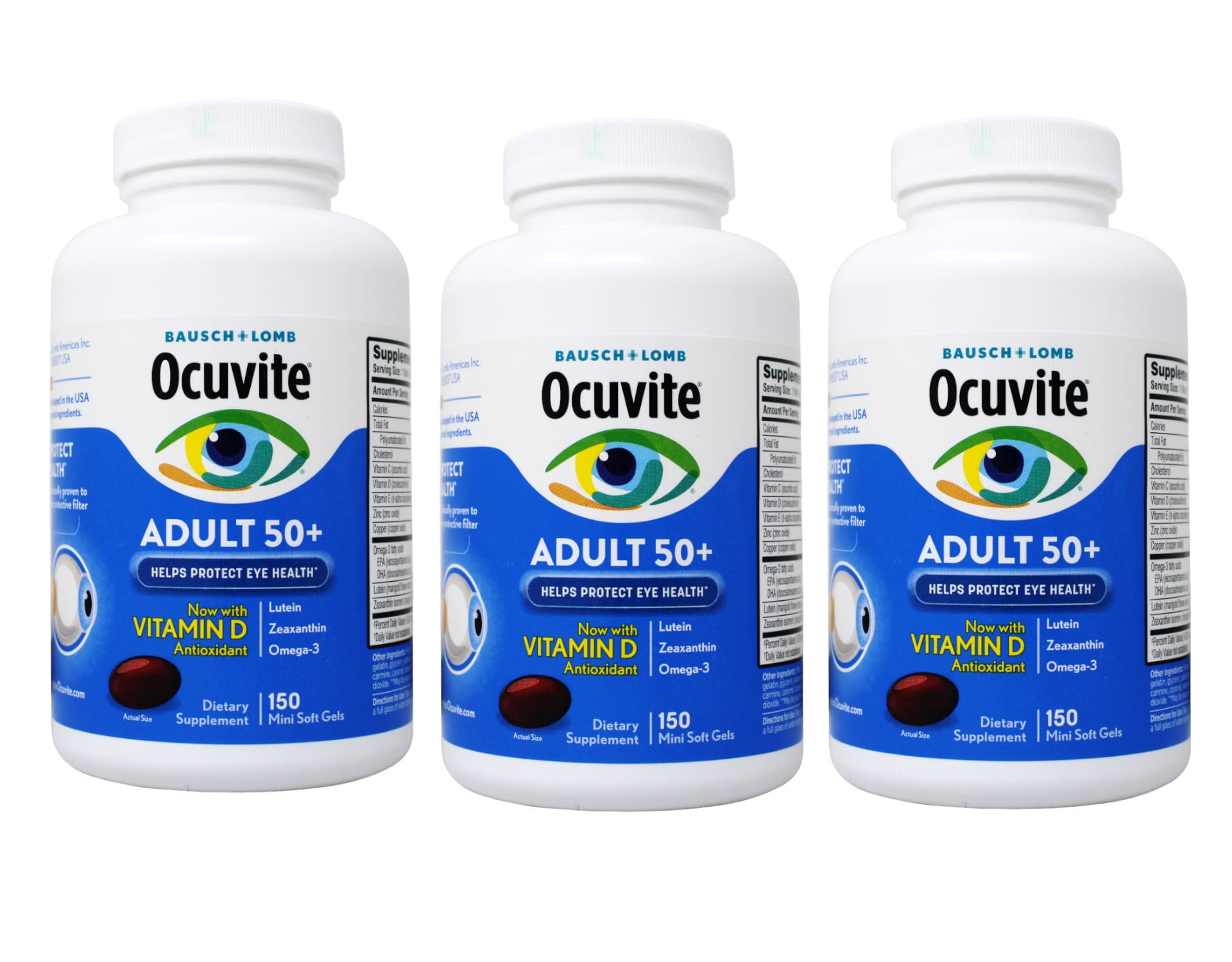(3 pack) Ocuvite Adult 50+ Eye Health Supplement, Vitamin D, Antioxidant Lutein, Zeaxanthin, Omega-3, 150 Mini Soft Gels