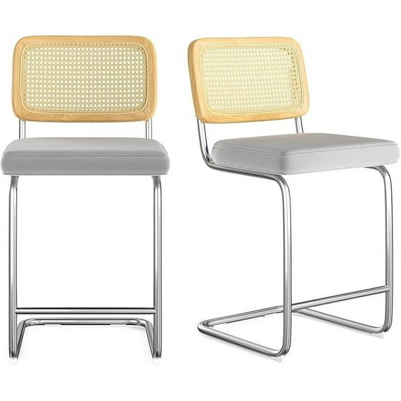 Ocxsbi Counter Height Bar Stools Set of 2, Upholstered Velvet Barstools with Rattan Back, 24 inch Stools Armless Bar Chairs for Kitchen Island(Light Grey)