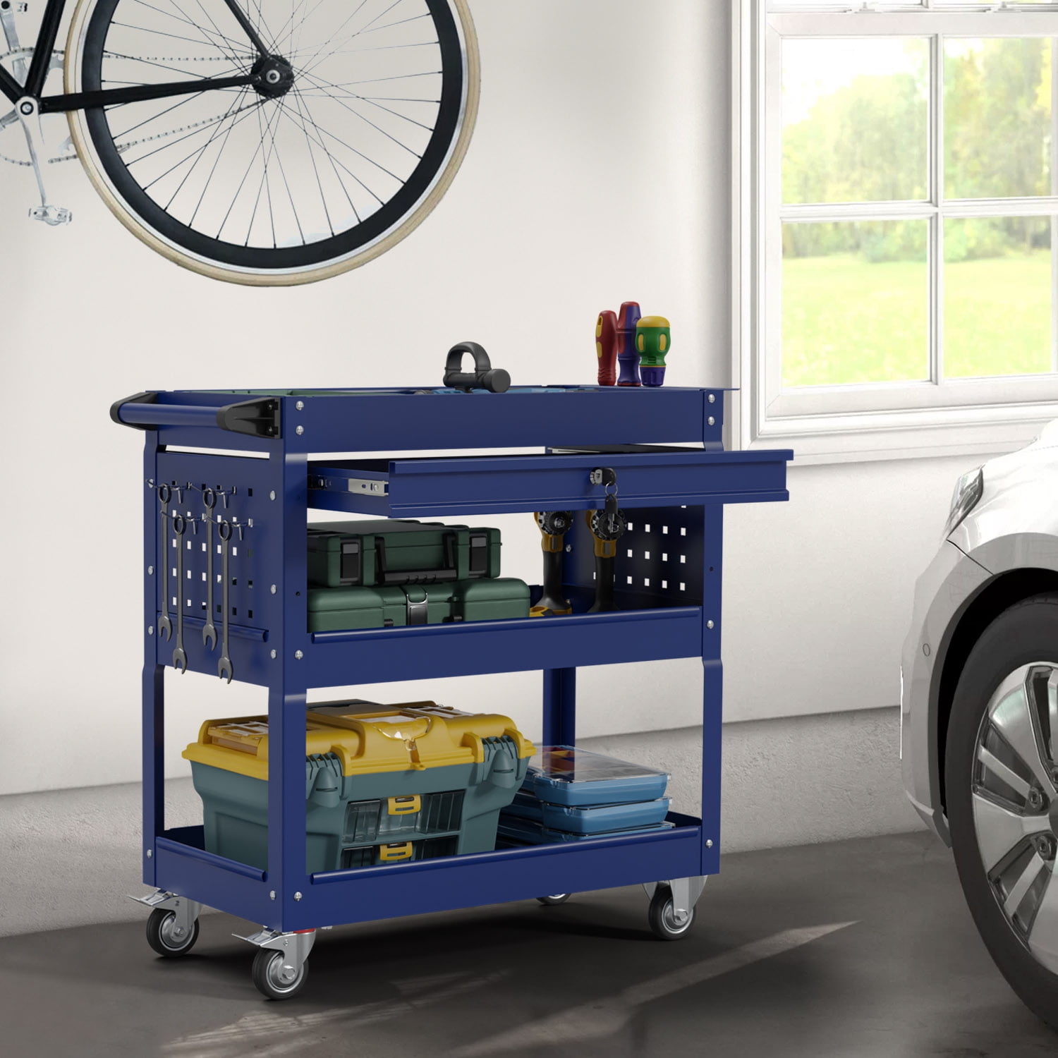 Odaof 3Tray Rolling Tool Cart with Lock Drawers and Wheels, 330 LBS