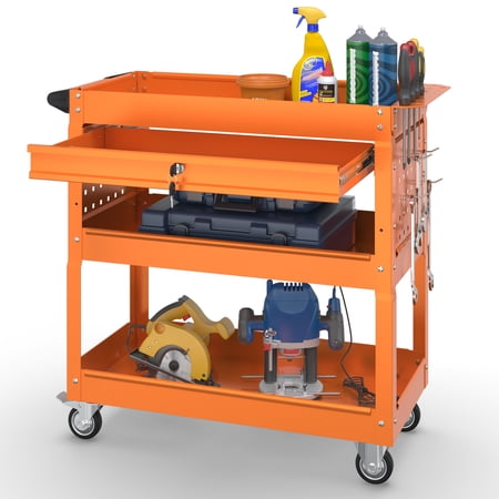 Odaof 3-Tray Rolling Tool Cart with Lock Drawers and Wheels, 330 LBS Capacity Rolling Utility Tool Storage Cart, Tool Service Trolley for Garage, Warehouse and Repair Shop (Orange)