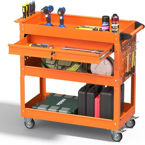 Odaof 4-Wheel Big Rolling Tool Storage Cart with Ball-Bearing Slides for Garage and Warehouse (Orange)