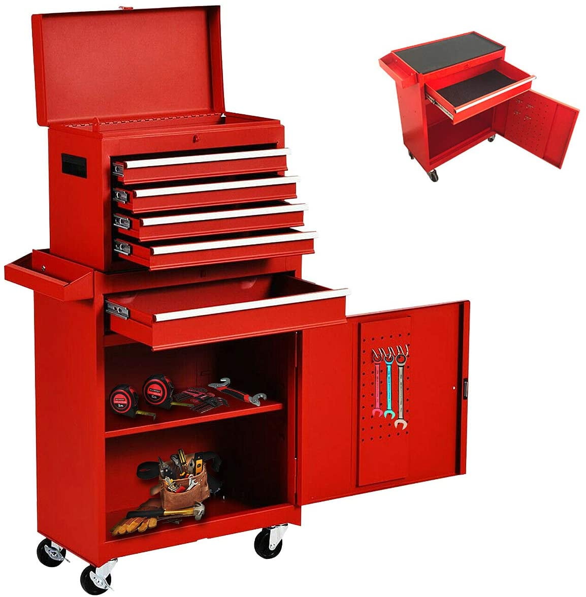 Odaof 5 Drawer Tool Chest Detachable Rolling Tool Storage Box 2 in 1 Multi Purpose Tool Organizer for Garage Red